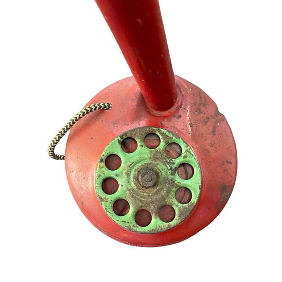 Vintage Tin Candlestick Telephone Toy Child Phone Wood Red Antique READ - Picture 9 of 14